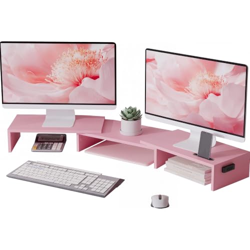 BONTEC Dual Monitor Stand Riser, Adjustable Length & Swivel Angle, Pink