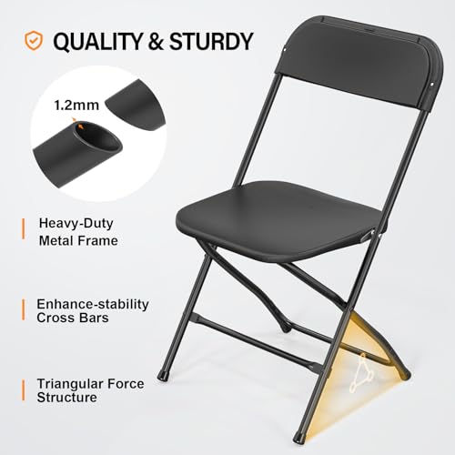 VINGLI 10 Pack Black Plastic Folding Chair, Indoor Outdoor Portable Stackable Commercial Seat with Steel Frame 350lb. Capacity for Events Office Wedding Party Picnic Kitchen Dining