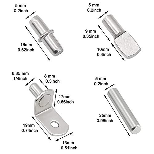 104Pcs Shelf Pins Kit,4 Styles Nickel Plated Shelf Support Pegs,Bookshelf Pegs for Shelves,Cabinet Shelf Bracket Pegs Shelf Pins Holders for Kitchen Furniture & Closet ( 5mm & 1/4inch )