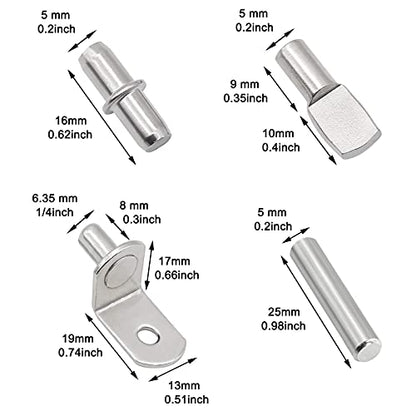 104Pcs Shelf Pins Kit,4 Styles Nickel Plated Shelf Support Pegs,Bookshelf Pegs for Shelves,Cabinet Shelf Bracket Pegs Shelf Pins Holders for Kitchen Furniture & Closet ( 5mm & 1/4inch )