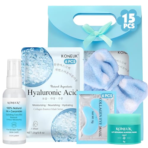 15 PACK Skincare Set with Facial Masks, Under Eye Patches, Face Mist, Lip Mask, Headband, Skin Care for Women, Travel Kit & Birtuday Gifts for Teens Girls, Thank You Gift for Her, Teacher Gifts