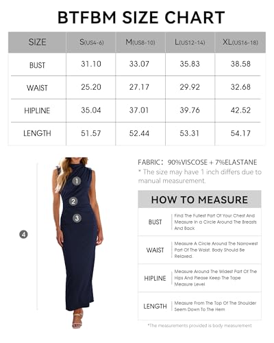 BTFBM Women's Elegant Bodycon Maxi Dresses Sleeveless Ruched Slit Homecoming Prom Club Dress Sexy Birthday Party Dresses(Solid Navy, Medium)