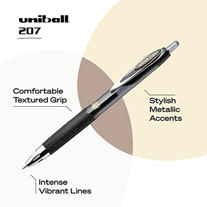 uni-ball® 207™ Retractable Fraud Prevention Gel Pens, Micro Point, 0.5 mm, Black Barrels, Black Ink, Pack of 12