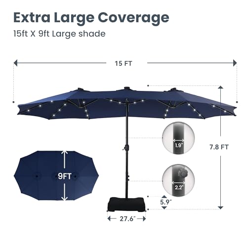 PHI VILLA 15ft Large Patio Umbrella with Solar Lights, Double-Sided Outdoor Market Rectangle Umbrellas with 36 LED Lights, Umbrella Base (Stand) Included, Navy Blue