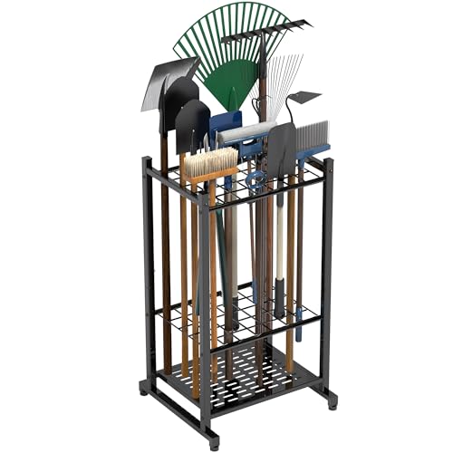 Tool Organizer for Garden, Garage Tool Organizer & Garage Organization – Heavy Duty Steel Garden Tool Organizer Stand Holds 35 Tools/Rakes/Brooms, Tool Storage Rack for Shed/Outdoor, Garage Organizer