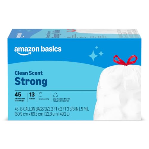 Amazon Basics Tall Kitchen Drawstring Trash Bags, Clean Scent, 13 Gallon, 45 Count, Packaging May Vary