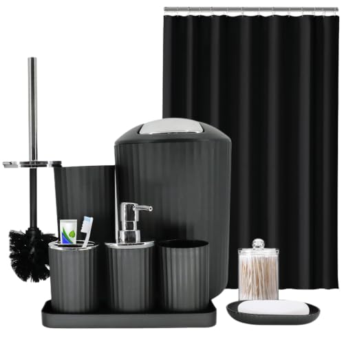 Black Bathroom Accessories Set, 10Pcs Bathroom Accessory Sets Complete with Trash Can, Shower Curtain, Vanity Tray, Soap Dispenser, Soap Dish, Toothbrush Holder&Cup, Toilet Brush&Holder, Qtip Holder