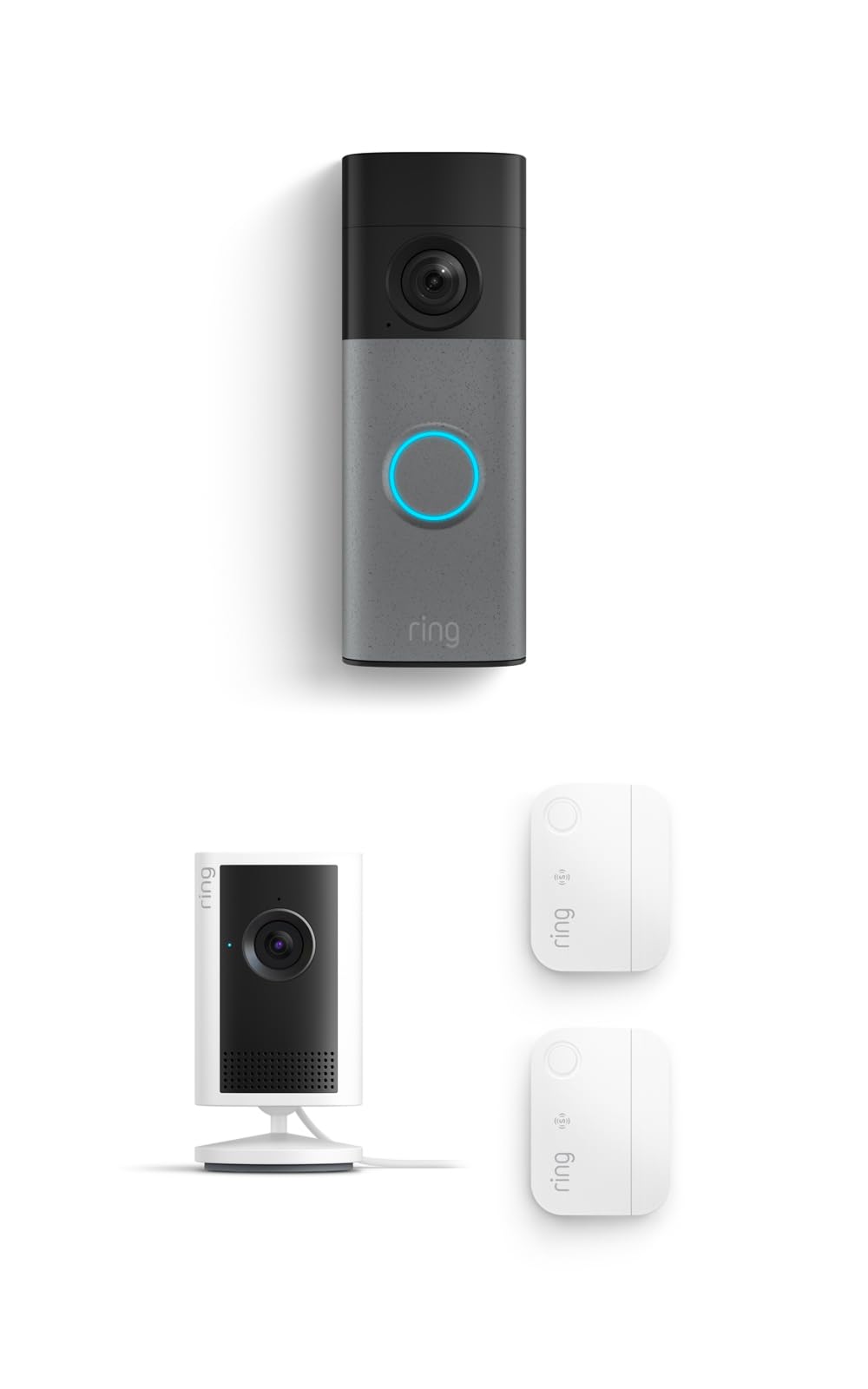 Ring See & Sense Security Pro Kit, Battery Doorbell 2K, Speckled Gray with Indoor Cam 2K, White and smart entry detection for greater visibility