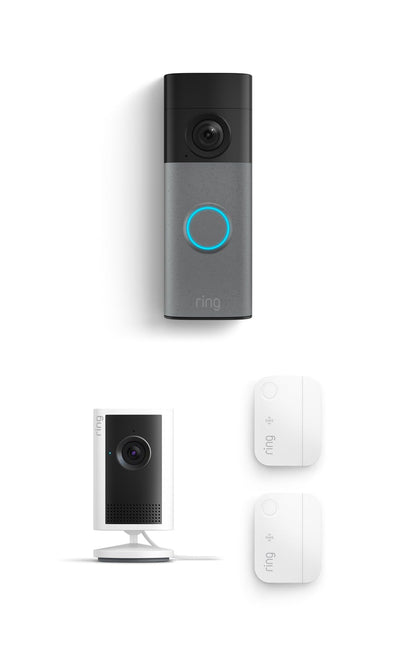 Ring See & Sense Security Pro Kit, Battery Doorbell 2K, Speckled Gray with Indoor Cam 2K, White and smart entry detection for greater visibility