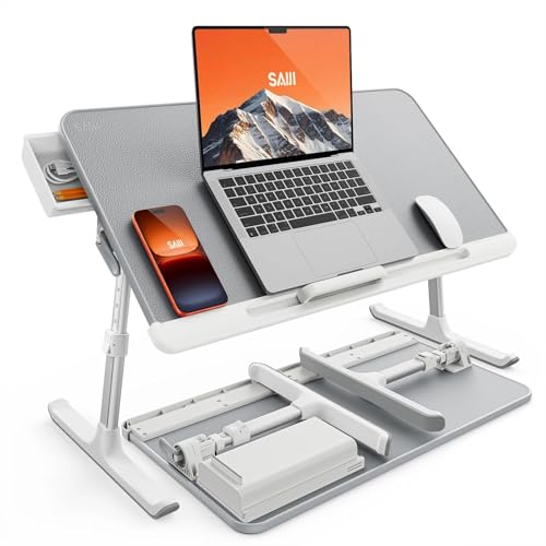 SAIJI Laptop Bed Desk Table - Portable Laptop Stand for Bed with Storage Drawer, Adjustable Lap Desk Bed Tray Fits 17" Laptop with PVC Leather for Work from Home & Dorm Study Essential (Gray)