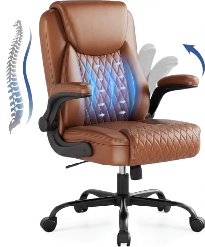 GTPOFFICE Executive Office Chair with Comfortable Lumbar Support, Ergonomic Gaming Chair with Flip-up Armrests & Zoned Pressure-Relief Cushion, Comfy PU Leather Desk Chair, Brown