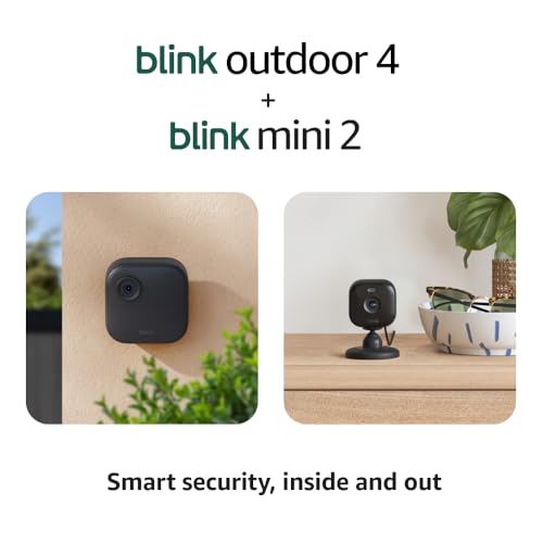 Blink Outdoor 4 + Mini 2 – Wireless smart security camera, two-year battery life, 1080p HD day and infrared night live view. Sync Module Core included – 3 camera system + Mini 2 (Black)