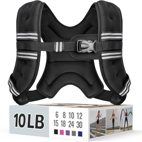 Zeerun Weighted Vest, 6lb/8lb/10lb/12lb/15lb/18lb/20lb/24lb/30lb for Men Women, Reflective Stripe Adjustable Buckle, Comfortable Durable Rucking Vest for Walking Running Strength Training, 10LBS-Black