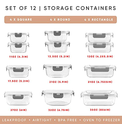 JoyJolt JoyFul 24pc Borosilicate Glass Storage Containers with Lids. 12 Airtight, Freezer Safe Food Storage Containers, Pantry Kitchen Storage Containers, Glass Meal Prep Container for Lunch