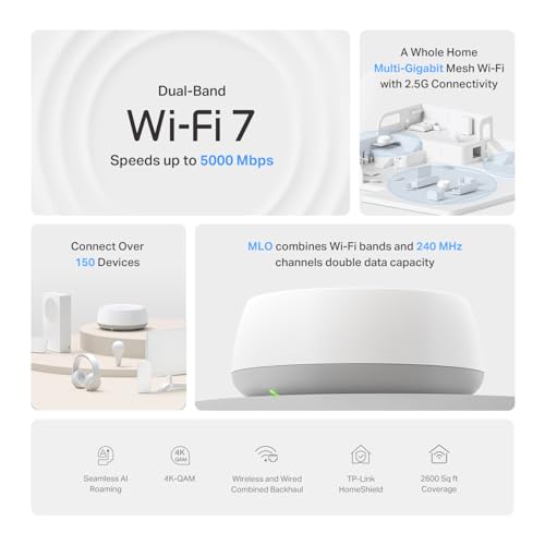 TP-Link Deco 7 BE25 Dual-Band BE5000 WiFi 7 Mesh Wi-Fi Router | 4-Stream, 240 Mhz Channels | Covers up to 2,600 Sq.Ft | 2X 2.5G Ports Wired Backhaul | VPN, MLO, HomeShield, Free Expert Help, 1-Pack