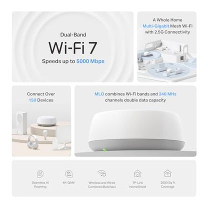 TP-Link Deco 7 BE25 Dual-Band BE5000 WiFi 7 Mesh Wi-Fi Router | 4-Stream, 240 Mhz Channels | Covers up to 2,600 Sq.Ft | 2X 2.5G Ports Wired Backhaul | VPN, MLO, HomeShield, Free Expert Help, 1-Pack