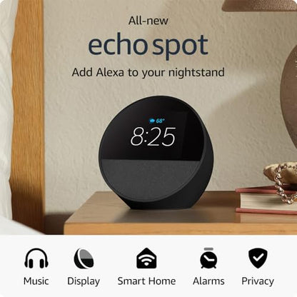 All-new Amazon Echo Spot (2024 release), Smart alarm clock with vibrant sound + Alexa, Black