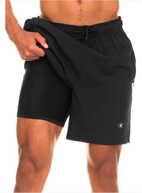 Champion Mens Swim Trunks with Compression Liner, 2 in 1 Mens Bathing Suit Shorts, 7 Inch Inseam Board Shorts for Swimming Black
