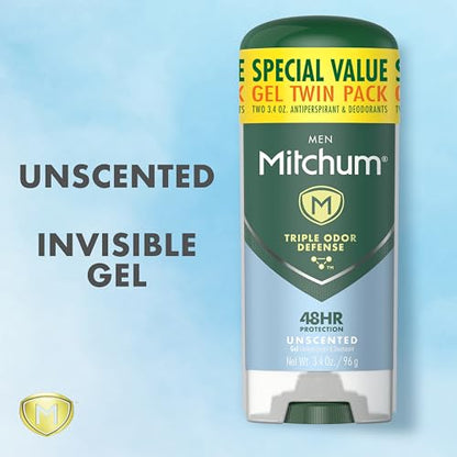 Mitchum Men's Deodorant, Antiperspirant, Triple Odor Defense Gel Stick, 48 Hr Protection, Dermatologist Tested, Alcohol Free, Unscented, 3.4 Oz (Pack of 2)