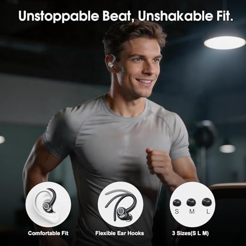Wireless Sports Earbuds with Secure Earhooks, 48H Deep Bass/ENC Mic Ear Bud