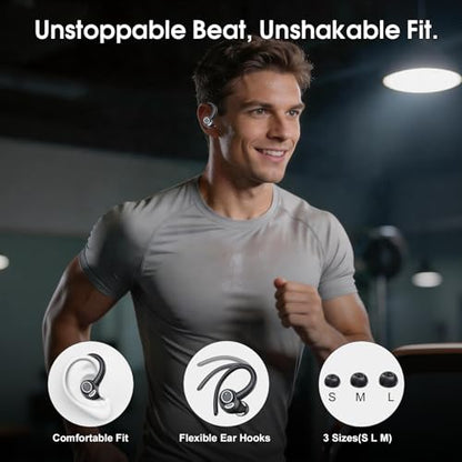 Wireless Sports Earbuds with Secure Earhooks, 48H Deep Bass/ENC Mic Ear Bud