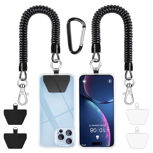 SHANSHUI Phone Lanyard Tether, Anti Theft Spring Phone Strap, 4 x Phone Patches & Climbing Hook Universal Phone Lanyard for Keys Outdoor Skiing Hiking Fishing Fitting for All Smartphones - 2PCS Black