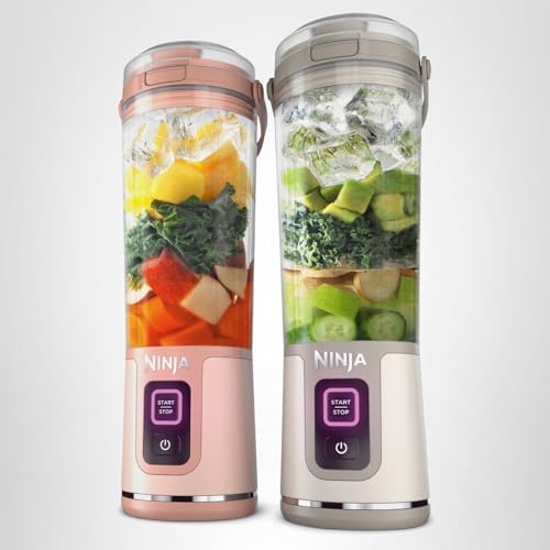 Ninja BC155PS Blast Two-Pack Portable Blender, Cordless, 18oz. Vessel, Personal Blender-for Shakes & Smoothies, BPA Free, Leakproof-Lid & Sip Spout, Rechargeable, Dishwasher Safe Parts, Peach & Stone