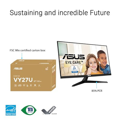 ASUS 27” 4K Eye Care Monitor (VY27UQ) - UHD (3840 x 2160), IPS, HDR10, Adaptive Sync, Eye Care Plus, Display Port, HDMI, Speaker, DisplayWidget, Blue Light Filter, Flicker Free, 3yr Warranty