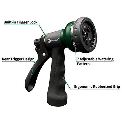 AUTOMAN-Garden-Hose-Nozzle,ABS Water Spray Nozzle with Heavy Duty 7 Adjustable Watering Patterns,Slip Resistant for Plants,Lawn,Washing Cars,Cleaning,Showering Pets & Outdoor Fun.