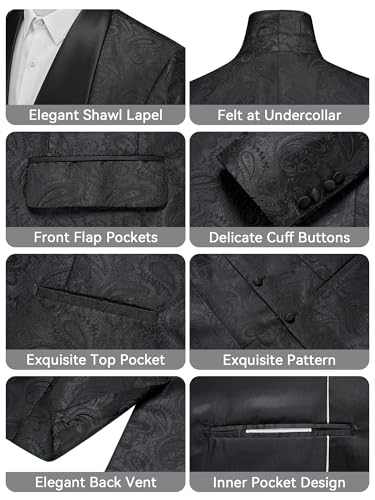 MAGE MALE Mens 3 Piece Floral Tuxedo Suits Slim Fit Paisley Shawl Lapel Suit for Dinner Prom Wedding Black