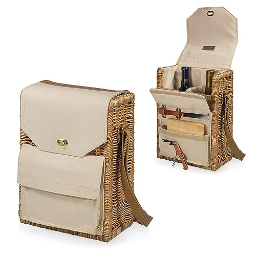 PICNIC TIME Corsica Wine and Cheese Picnic Basket - Wine Tote Bag - Gift for Wine Lovers, (Beige Canvas), 12 x 7 x 17