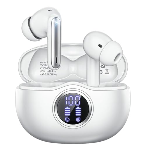Fhumsh Wireless Earbuds, Bluetooth 5.3 Headphones HiFi Stereo 50H Playback LED Digital Display Ear Buds with ENC Noise Canceling Headset, IPX7 Waterproof Earphones for Gym/Running/Work (White)