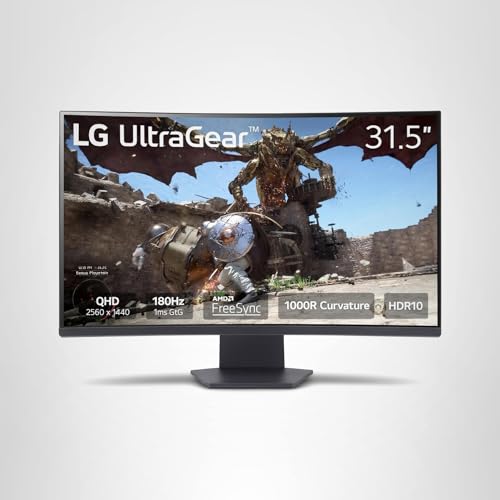 LG 32GS60QC-B Ultragear 32-inch Curved Gaming Monitor QHD (2560x1440) 180Hz 1ms 1000R AMD FreeSync HDR10 HDMIx2 DisplayPort Borderless Design Black Stabilizer DAS Crosshair FPS Counter - Black