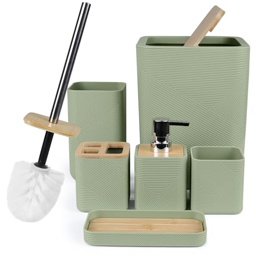 CERBIOR Bamboo Bathroom Accessories Set 6 Piece Square Spiral Set,Green | Includes Soap Dispenser, Toothbrush Holder, Toothbrush Cup, Soap Dish for Decorative Countertop and Housewarming Gift