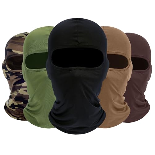 ROXUN Balaclava Ski Mask, 5 Pack Neck Gaiter Motorcycle Summer Cooling Windproof Scarf for Men/Women Black+Sand+Brown+Army Green+Camo