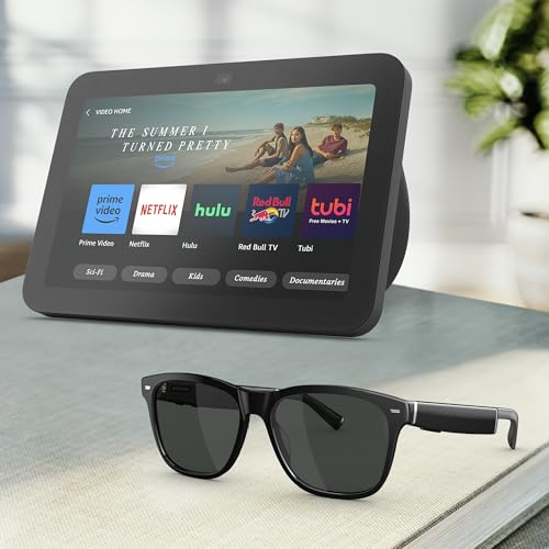 Amazon Echo Frames (newest model) + Echo Show 8 (newest model), Smart Glasses with Alexa, Rectangle frames in Classic Black with polarized sunglass lenses