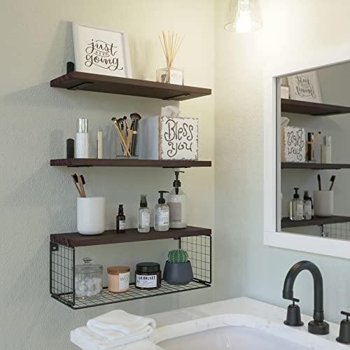 WOPITUES Bathroom Shelf Over Toilet, Floating Bathroom Shelf Wall Mounted with Wire Basket, Floating Shelf for Wall Décor-Rustic Brown