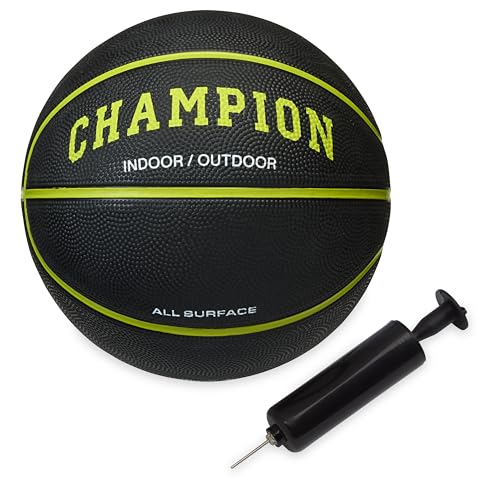 Champion Basketball (27.5", Black/Evening Primrose) - Durable Rubber Cover with Deep Channels for Better Control, Anti-Burst Butyl Bladder, Includes Ball Pump, for Indoor/Outdoor Play