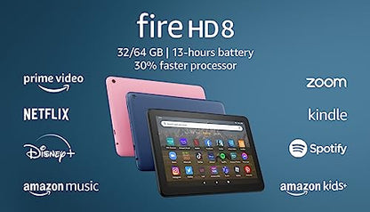 Amazon Fire HD 8 tablet, 8” HD Display, 64 GB, 30% faster processor, designed for portable entertainment, (2022 release), Black