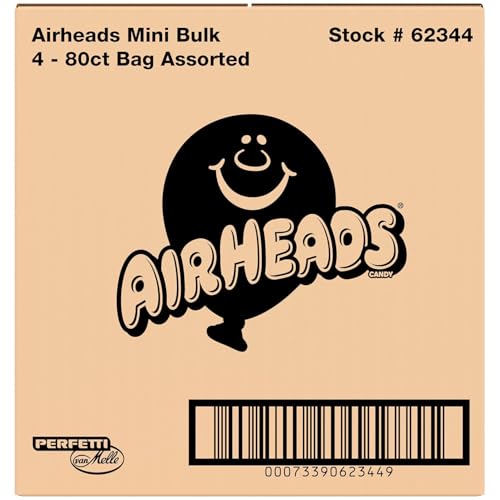 Airheads Candy Mini Bars, Assorted Fruit Flavors, Individually Wrapped, Non-Melting, Party, Pantry 80ct Bag, Box of 4 Bags