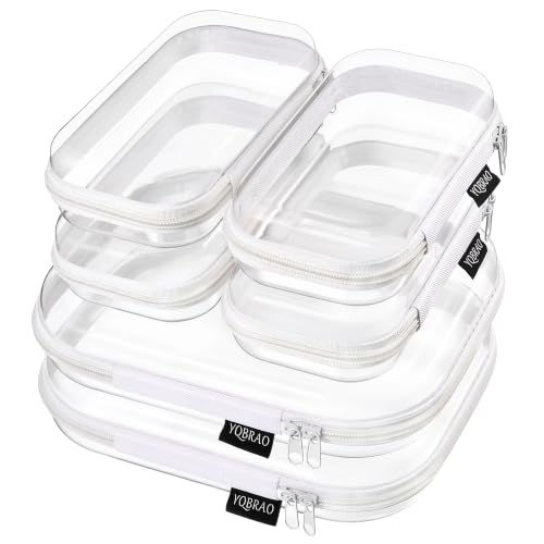 YQBRAO Clear Hard Shell Zipper Cases, 6-Pack, 2M 4S, White | Diaper bag organizer pouches with two medium and four small cases for toiletries, makeup, cables and daily essentials