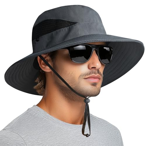 PFFY Sun Hats for Men Women Wide Brim Bucket Hat UPF 50+ Outdoor Beach Hiking Fishing Hat Darkgrey