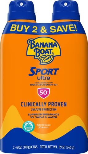 Banana Boat Sport Ultra SPF 50 Sunscreen Spray Twin Pack | Banana Boat Sunscreen Spray SPF 50, Spray On Sunscreen, Water Resistant Sunscreen, Oxybenzone Free Sunscreen Pack, 6oz each