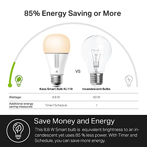 Kasa Smart Light Bulb KL110, LED Wi-Fi smart bulb works with Alexa and Google Home, A19 Dimmable, 2.4Ghz, No Hub Required, 800LM Soft White (2700K), 9W (60W Equivalent)
