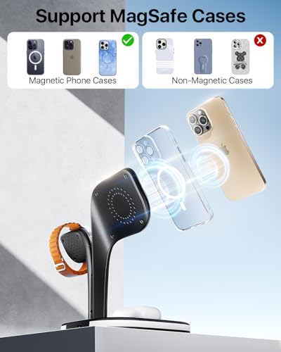 EXW Wireless Charging Station for Magsafe Charger,Charging Station for Multiple Devices,Wireless Charger for iPhone 16/15/14/13/12 Series,Apple Watch Series 1-9,AirPods with LED and Adapter (Black)