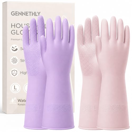 Rubber Cleaning Gloves, Dishwashing Kitchen Glove Tools for Dish Washing Household Essentials, Waterproof Non-Slip Long Cuff House Supplies Guantes Para Lavar Platos Women, Purple, Small, 2 Pairs