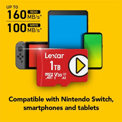 Lexar 1TB PLAY microSDXC Memory Card, UHS-I, C10, U3, V30, A2, Full-HD & 4K Video, Up To 160/100 MB/s, Expanded Storage for Nintendo-Switch, Gaming Devices, Smartphones, Tablets (LMSPLAY001T-BNNNU)