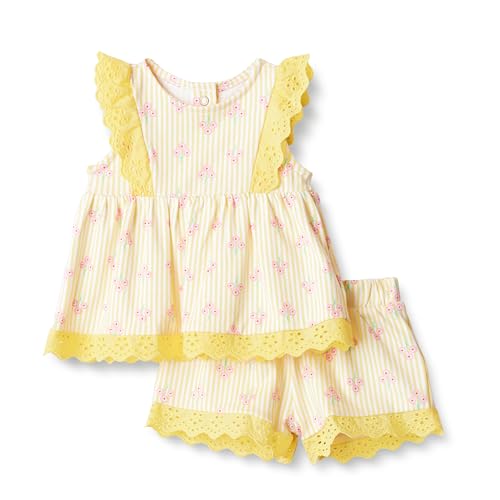 Amazon Essentials X Sofia Grainge Baby Girls' Short & Top Cotton Play Set, Light Yellow Stripe Floral, 3-6 Months