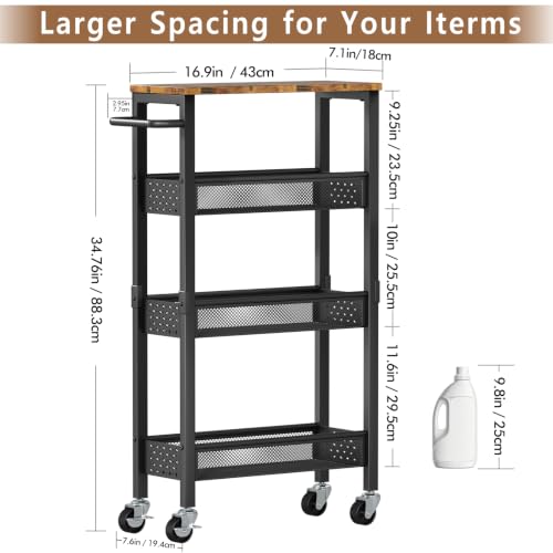 Gibyela 4-Tier Slim Utility Rolling Cart with Wheels, Wood Top, Metal | 7.1" Slim Design for Narrow Spaces, Wood Top with Metal Frame, Ideal for Laundry Room, Bathroom, Kitchen and Office
