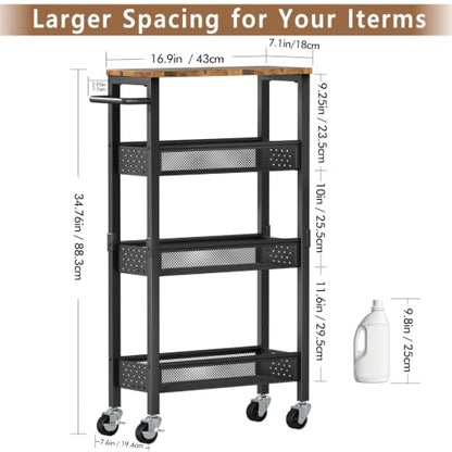 Gibyela 4-Tier Slim Utility Rolling Cart with Wheels, Wood Top, Metal | 7.1" Slim Design for Narrow Spaces, Wood Top with Metal Frame, Ideal for Laundry Room, Bathroom, Kitchen and Office